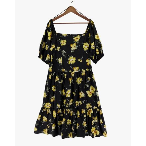 Teri Jon By Rickie Freeman Midi Dress 16 Black Yellow Roses Tiered Summer - Picture 2 of 16